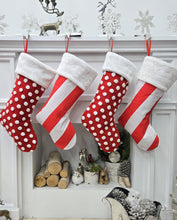 Candy Cane Themed Christmas Stockings Red White Polka Dots Striped Fun Festive Whimsical Holiday Decor Personalized Embroidered Name or Tag