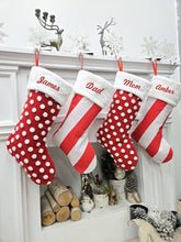 Candy Cane Themed Christmas Stockings Red White Polka Dots Striped Fun Festive Whimsical Holiday Decor Personalized Embroidered Name or Tag