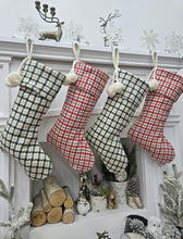 Plaid Flannel Christmas Stockings | Cream Red Green Gold Gingham Check with Pom Poms and Silver Accents Personalized Embroidered Name Tag