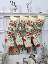 Knitted Ivory Christmas Stockings with Red Green knit Snowflake Tree Heart Fun Festive Family Designs Personalized Embroidered Name