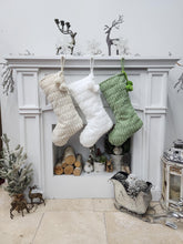 Boho Christmas Stockings with Pom Poms | Sage Cream White Fabric Chic Modern Style Farmhouse Textured Personalized Embroidered Name or Tag