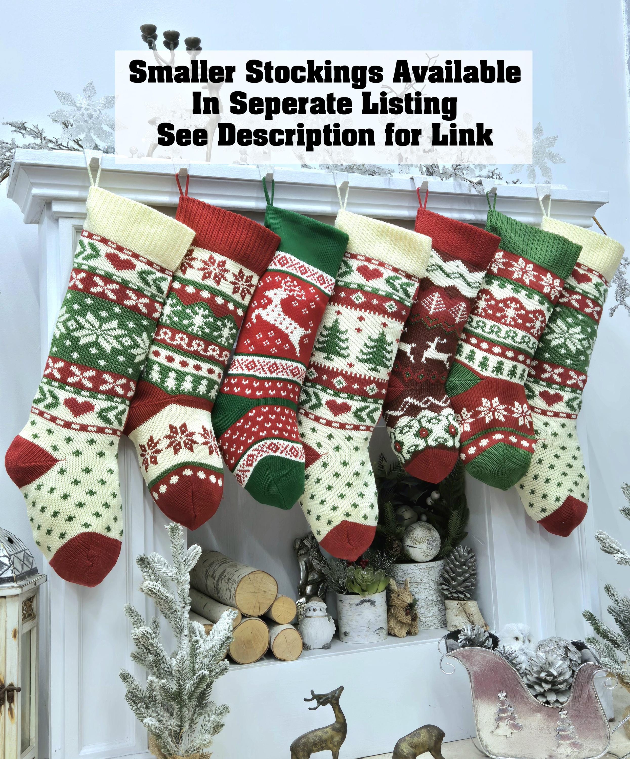 Knitted Ivory Christmas Stockings with Red Green knit Snowflake Tree Heart Fun Festive Family Designs Personalized Embroidered Name