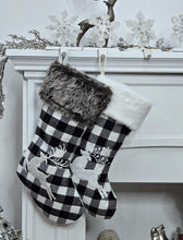 Black White Grey Plaid Personalized Christmas Stockings | Farmhouse Buffalo Check Rustic Decor Faux Fur Reindeer Embroidered Name Wood Tag