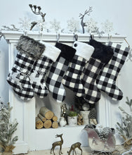 Black White Grey Plaid Personalized Christmas Stockings | Farmhouse Buffalo Check Rustic Decor Faux Fur Reindeer Embroidered Name Wood Tag