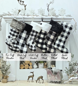 Black White Grey Plaid Personalized Christmas Stockings | Farmhouse Buffalo Check Rustic Decor Faux Fur Reindeer Embroidered Name Wood Tag