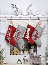 Festive Jingle & Merry Knit Christmas Stockings | Red Grey White Holiday Decor Classic Traditional Personalized Embroidered Name or Wood Tag
