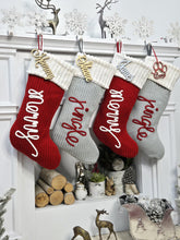 Festive Jingle & Merry Knit Christmas Stockings | Red Grey White Holiday Decor Classic Traditional Personalized Embroidered Name or Wood Tag