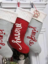 Festive Jingle & Merry Knit Christmas Stockings | Red Grey White Holiday Decor Classic Traditional Personalized Embroidered Name or Wood Tag