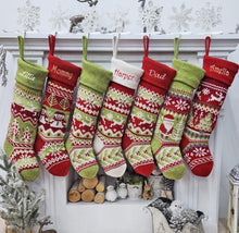 Knit Christmas Stockings Knitted 23" Fair Isle Deer, Snowflake, Santa, Snowman Custom Holiday Intarsia Family Pet Names