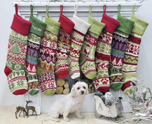Knit Christmas Stockings Knitted 23" Fair Isle Deer, Snowflake, Santa, Snowman Custom Holiday Intarsia Family Pet Names