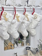 Plush Faux Fur Christmas Stockings with Red Laces and Pom Poms | White Festive Fun Holiday Decor Personalized Embroidered Name or Wood Tag