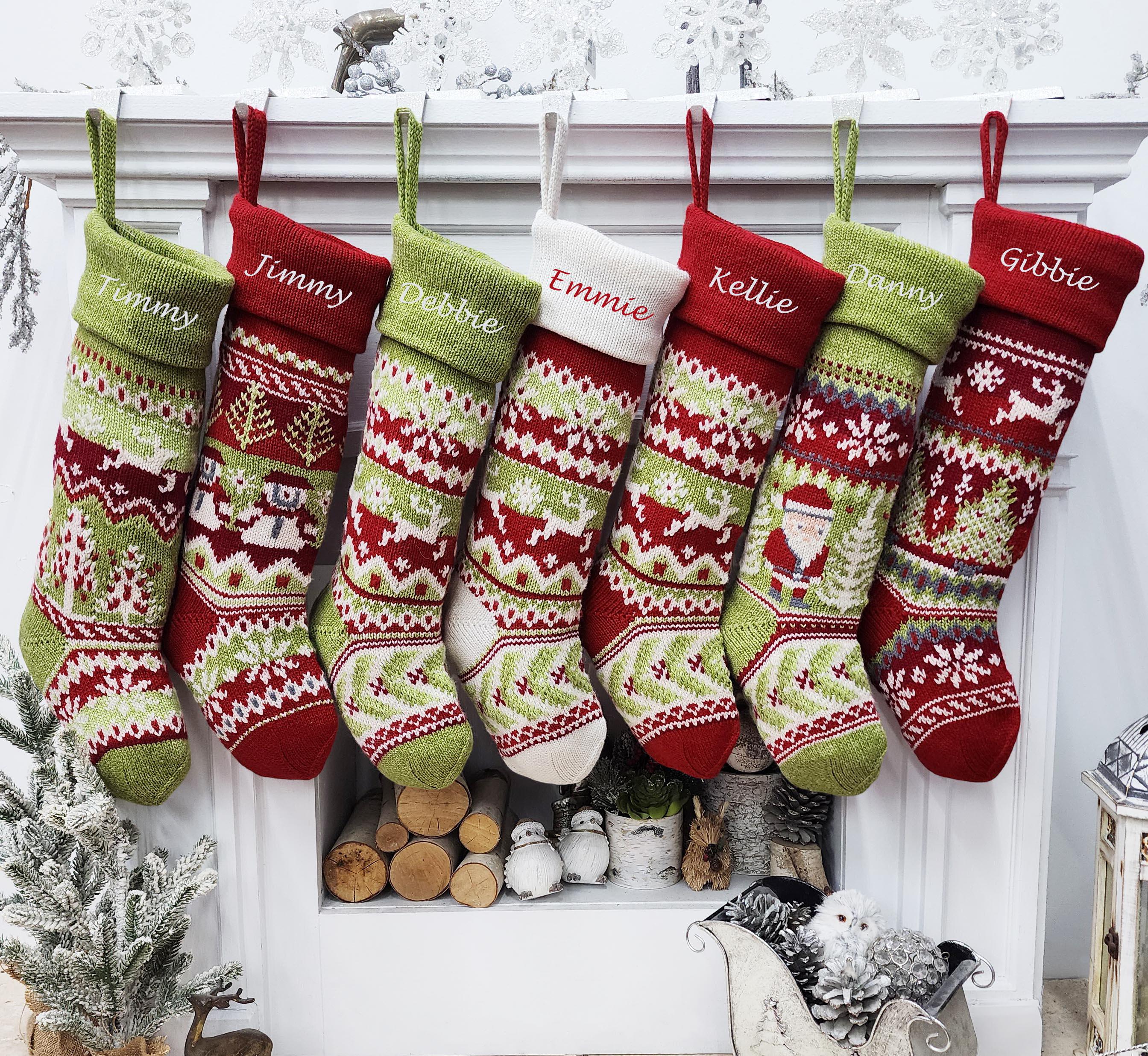 Knit Christmas Stockings Knitted 23" Fair Isle Deer, Snowflake, Santa, Snowman Custom Holiday Intarsia Family Pet Names