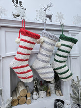 Textured Christmas Stockings with Stripes and Pom Poms Red Green Grey Handmade Style Cute Whimsy Stocking Personalized Embroidered Name Tag