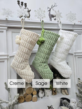 Boho Christmas Stockings with Pom Poms | Sage Cream White Fabric Chic Modern Style Farmhouse Textured Personalized Embroidered Name or Tag