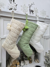 Boho Christmas Stockings with Pom Poms | Sage Cream White Fabric Chic Modern Style Farmhouse Textured Personalized Embroidered Name or Tag