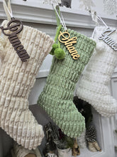 Boho Christmas Stockings with Pom Poms | Sage Cream White Fabric Chic Modern Style Farmhouse Textured Personalized Embroidered Name or Tag