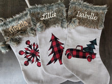 Buffalo Check Christmas Stockings with Faux Fur Pom Poms | Rustic Farmhouse Lodge Style Snowflake Tree Truck Personalized Embroidered name