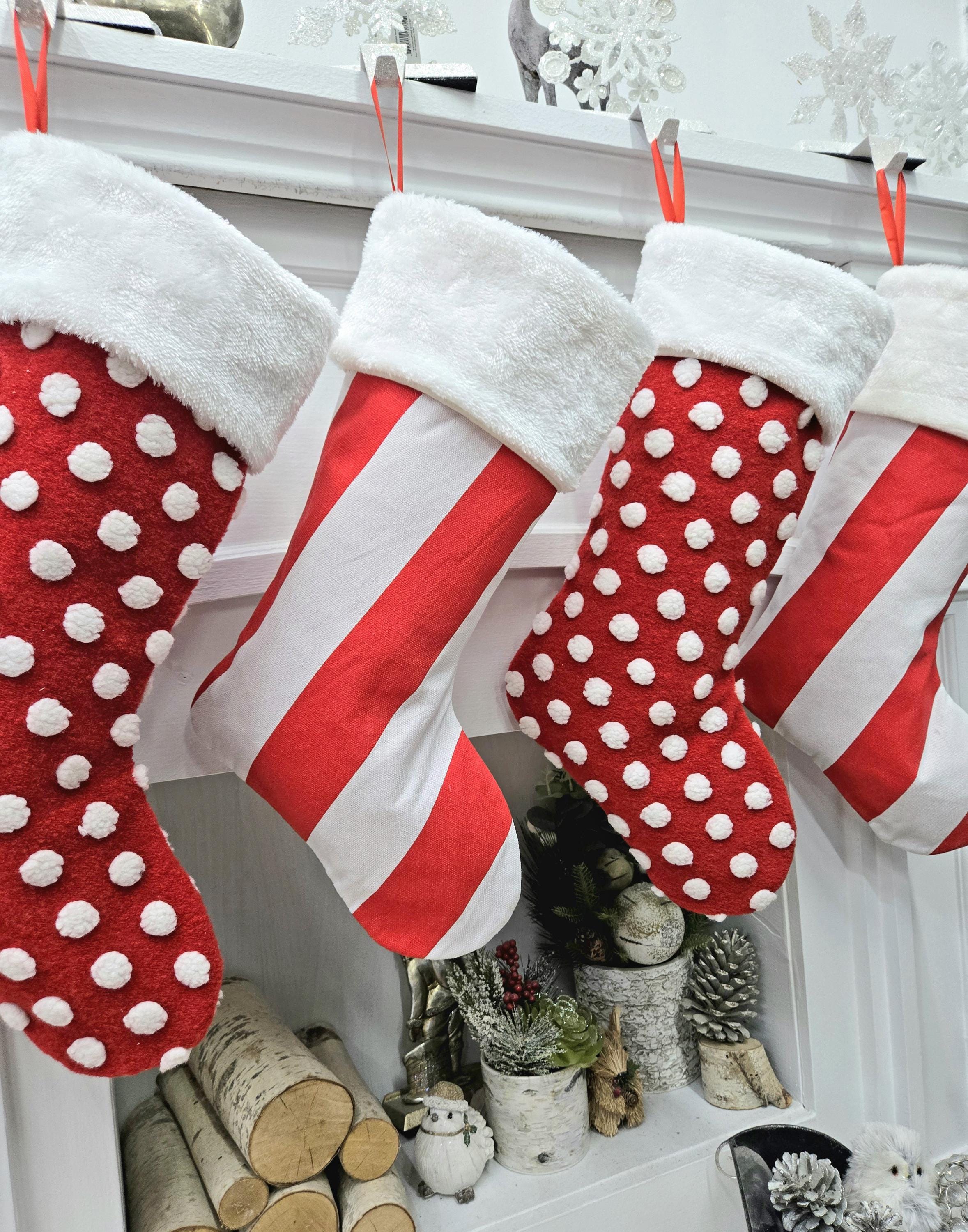 Candy Cane Themed Christmas Stockings Red White Polka Dots Striped Fun Festive Whimsical Holiday Decor Personalized Embroidered Name or Tag