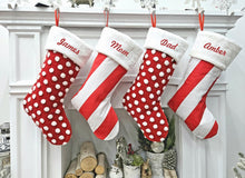 Candy Cane Themed Christmas Stockings Red White Polka Dots Striped Fun Festive Whimsical Holiday Decor Personalized Embroidered Name or Tag