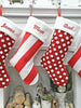 Candy Cane Themed Christmas Stockings Red White Polka Dots Striped Fun Festive Whimsical Holiday Decor Personalized Embroidered Name or Tag