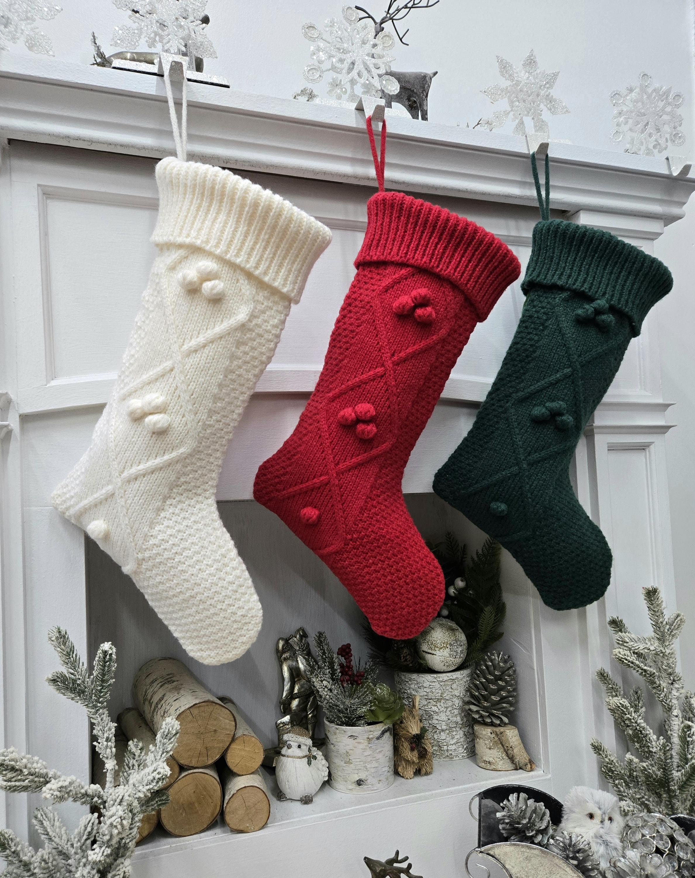 Diamond Cable Knit Christmas Stockings with pom poms| Deep Green Red Cream Knitted Classic Decor Traditional Personalized Embroidered Name