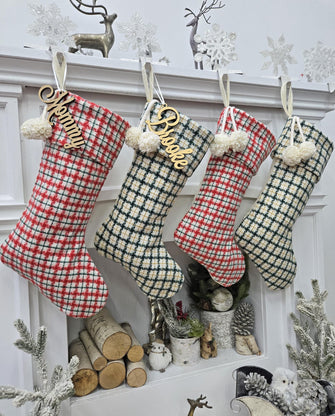 Plaid Flannel Christmas Stockings | Cream Red Green Gold Gingham Check with Pom Poms and Silver Accents Personalized Embroidered Name Tag