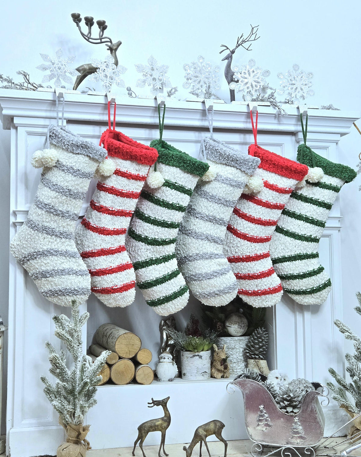 Textured Christmas Stockings with Stripes and Pom Poms Red Green Grey Handmade Style Cute Whimsy Stocking Personalized Embroidered Name Tag