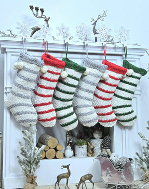 Textured Christmas Stockings with Stripes and Pom Poms Red Green Grey Handmade Style Cute Whimsy Stocking Personalized Embroidered Name Tag