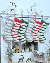 Textured Christmas Stockings with Stripes and Pom Poms Red Green Grey Handmade Style Cute Whimsy Stocking Personalized Embroidered Name Tag