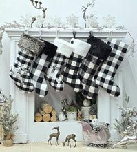 Black White Grey Plaid Personalized Christmas Stockings | Farmhouse Buffalo Check Rustic Decor Faux Fur Reindeer Embroidered Name Wood Tag