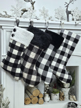 Black White Grey Plaid Personalized Christmas Stockings | Farmhouse Buffalo Check Rustic Decor Faux Fur Reindeer Embroidered Name Wood Tag