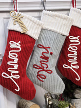 Festive Jingle & Merry Knit Christmas Stockings | Red Grey White Holiday Decor Classic Traditional Personalized Embroidered Name or Wood Tag