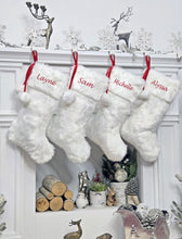 Plush Faux Fur Christmas Stockings with Red Laces and Pom Poms | White Festive Fun Holiday Decor Personalized Embroidered Name or Wood Tag