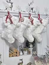 Plush Faux Fur Christmas Stockings with Red Laces and Pom Poms | White Festive Fun Holiday Decor Personalized Embroidered Name or Wood Tag