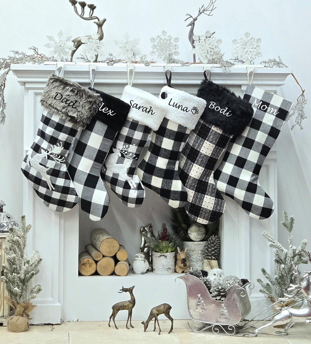 Black White Grey Plaid Personalized Christmas Stockings | Farmhouse Buffalo Check Rustic Decor Faux Fur Reindeer Embroidered Name Wood Tag