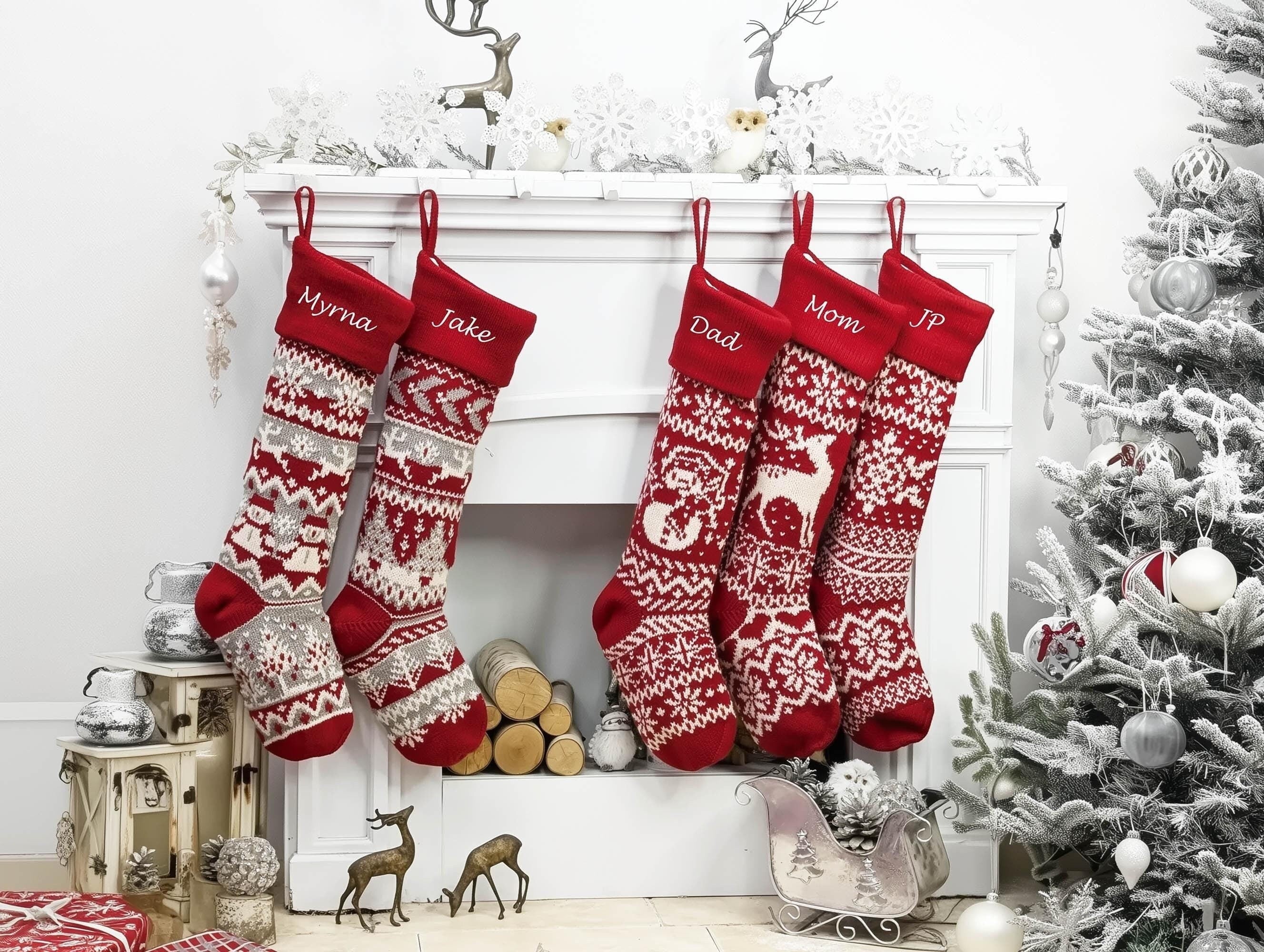 extra long oversized christmas stockings scandi knit red white grey modern
