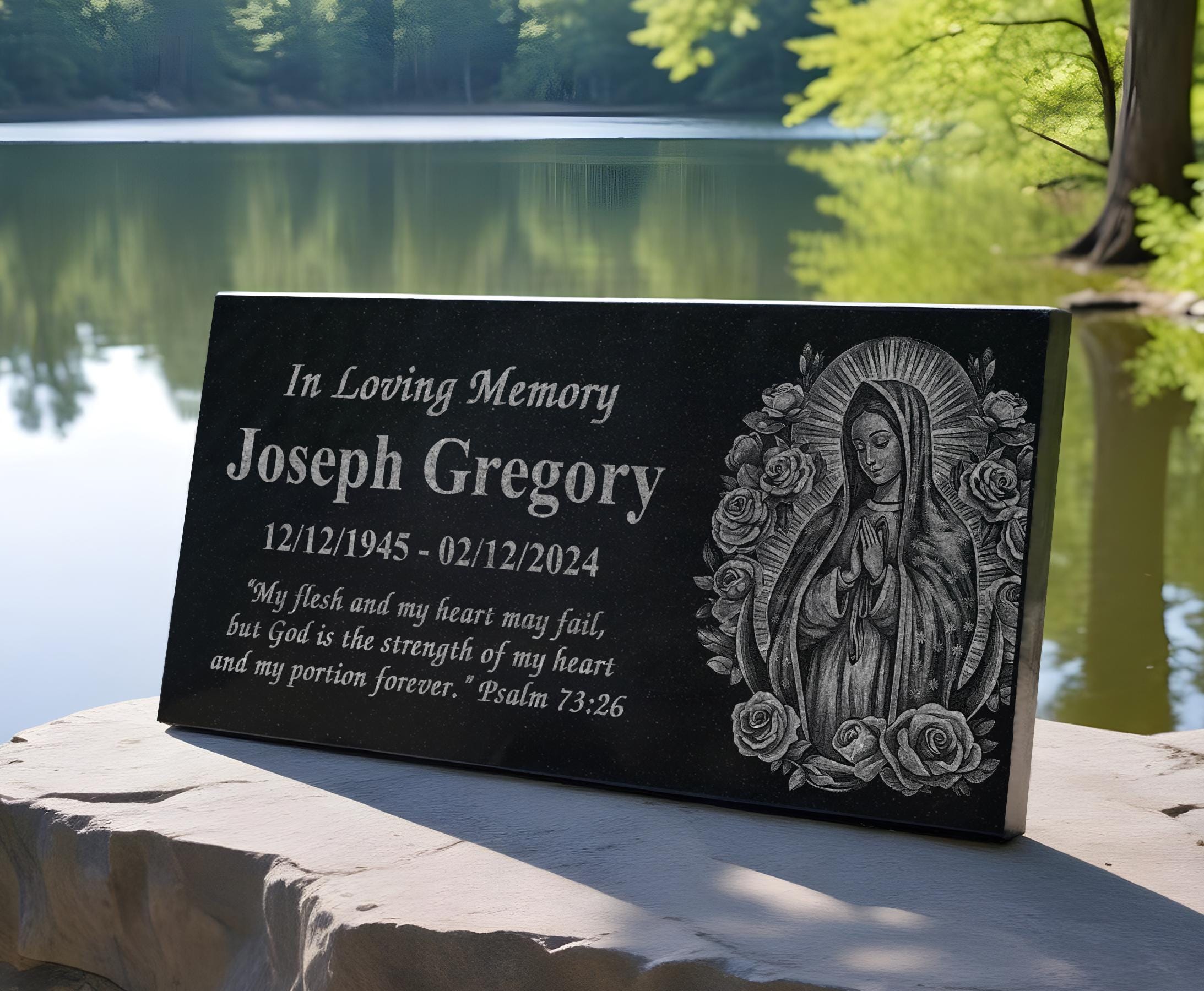 Christian Garden Yard Memorial - Virgin Mary Engraved Stone - Our Lady of Guadalupe Keepsake - Religious Remembrance Gift - Prayer Stone