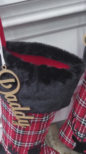 Buffalo Plaid Moose & Deer Christmas Stocking | Red Black White Check Cabin Farmhouse Lumberjack  Personalized  Family Name Tag Wood