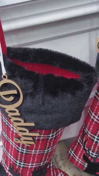 Buffalo Plaid Moose & Deer Christmas Stocking | Red Black White Check Cabin Farmhouse Lumberjack  Personalized  Family Name Tag Wood