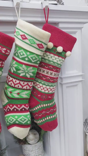 Ivory/Red/Green Knitted Christmas Stockings | Snowflakes Presents Tree Traditional Festive Fun Xmas Decor Personalized Embroidered Name