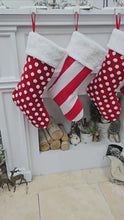 Candy Cane Themed Christmas Stockings Red White Polka Dots Striped Fun Festive Whimsical Holiday Decor Personalized Embroidered Name or Tag