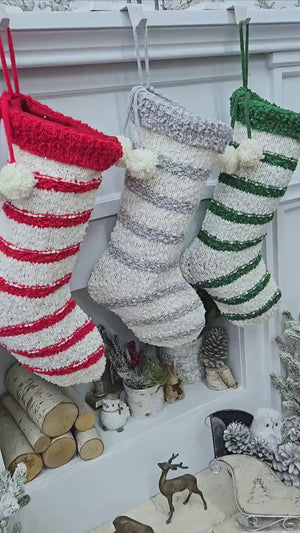 Textured Christmas Stockings with Stripes and Pom Poms Red Green Grey Handmade Style Cute Whimsy Stocking Personalized Embroidered Name Tag
