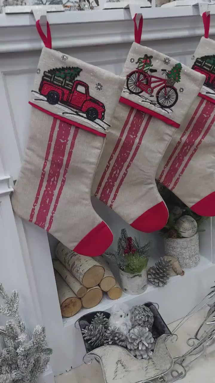 Vintage Truck & Bicycle Christmas Stockings | Red Green Rustic Nostalgic Decor Farmhouse Country Style Personalized Embroidery Name