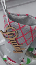Whimsical Santa Snowman Reindeer Grey Christmas Stockings | Festive Winter Kids Personalized Christmas Stockings Embroidered Name Wood Tag