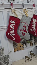 Festive Jingle & Merry Knit Christmas Stockings | Red Grey White Holiday Decor Classic Traditional Personalized Embroidered Name or Wood Tag