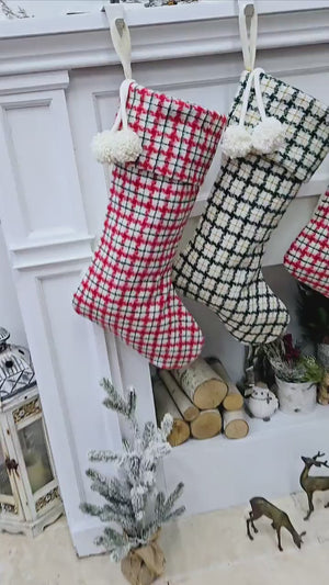 Plaid Flannel Christmas Stockings | Cream Red Green Gold Gingham Check with Pom Poms and Silver Accents Personalized Embroidered Name Tag