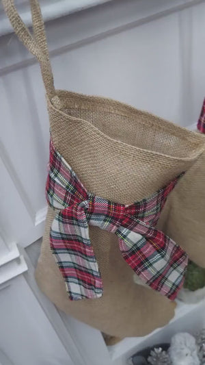 Burlap with Tartan Bow Christmas Stocking | Natural Jute Fibers Plaid Gaelic Highlands Stewart Scottish  Rustic Farmhouse Xmas Decor