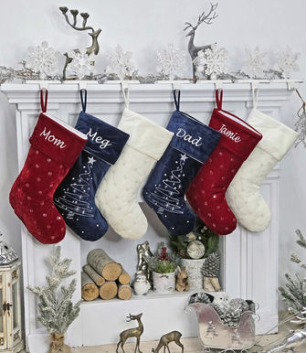 Personalized Christmas Stockings - Blue White Red Velveteen 20" with sequins Christmas Stocking Embroidered with Names Velvet Stockings