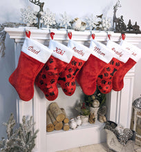 Red white plush embroidered Christmas stocking - Personalized Embroidered Family Kids Dog Cat Pet Paw Stockings - traditional red and white Christmas Stockings