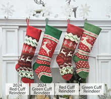 Knitted Christmas Stockings Red IVORY Green Fun Snowflake Family with Pets Cat Mouse Meow and Dog Bone Woof Knit Personalized Embroidered